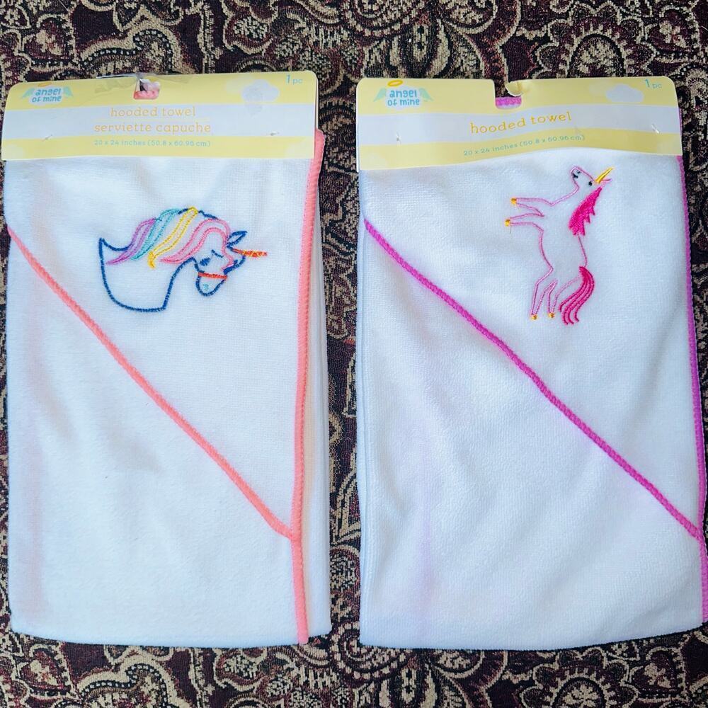 NIP Angel Of Mine Baby / Infant Hooded Towel Unicorn Design Bundle Of 2